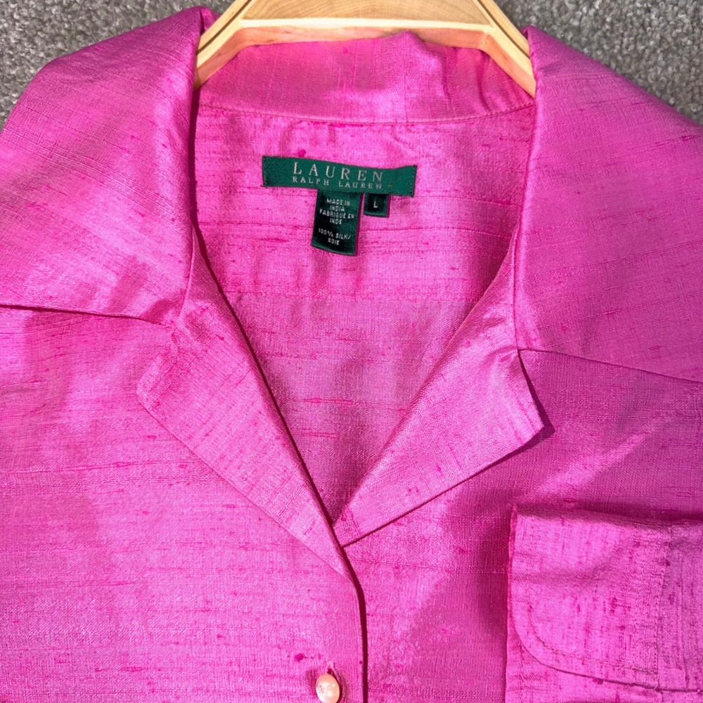 Lauren Ralph Lauren Silk Blouse Womens L Pink Shantung 3/4 Sleeve Button Career - Picture 3 of 10